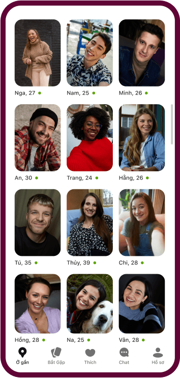 Ứng dụng Badoo hiển thị mạng lưới hồ sơ của những thành viên nữ khác nhau.